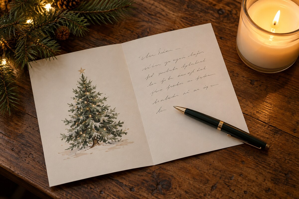 An open Christmas card with a pen on a desk beside a lit candle