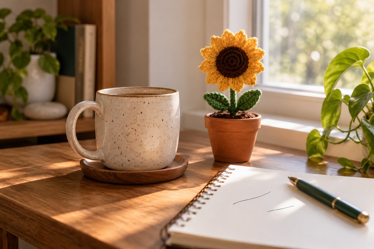 A speckled mug and a small crochet flower in a pot on a windowsill desk