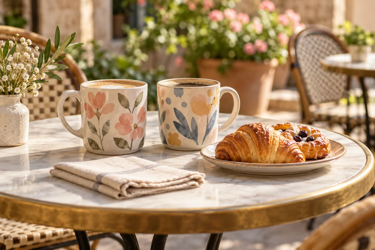 Two friends' mugs side by side on a cafe table, one with a handle turned toward each side