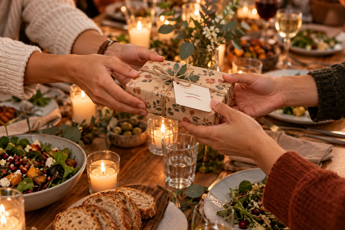 A group of friends' hands reaching for gifts across a crowded table, faces out of frame