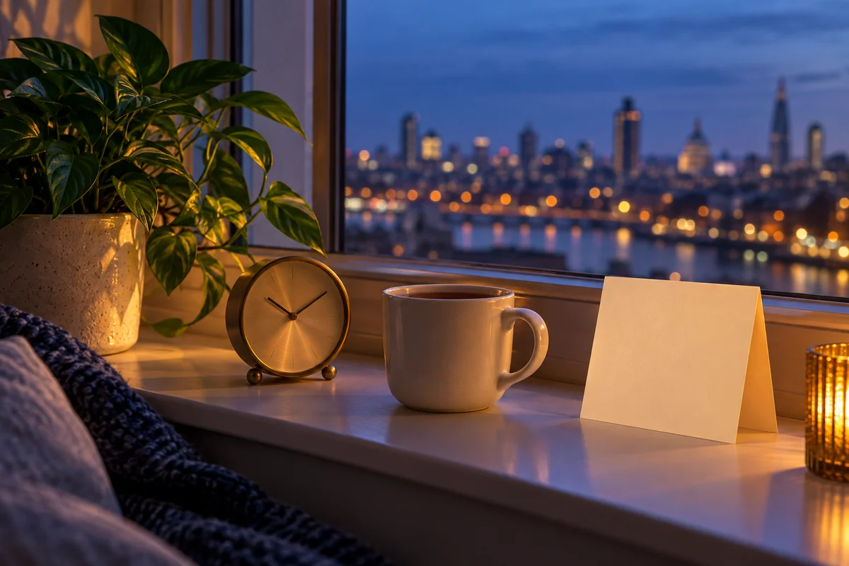 A small clock, a mug of tea and a blank card on a windowsill at dusk.