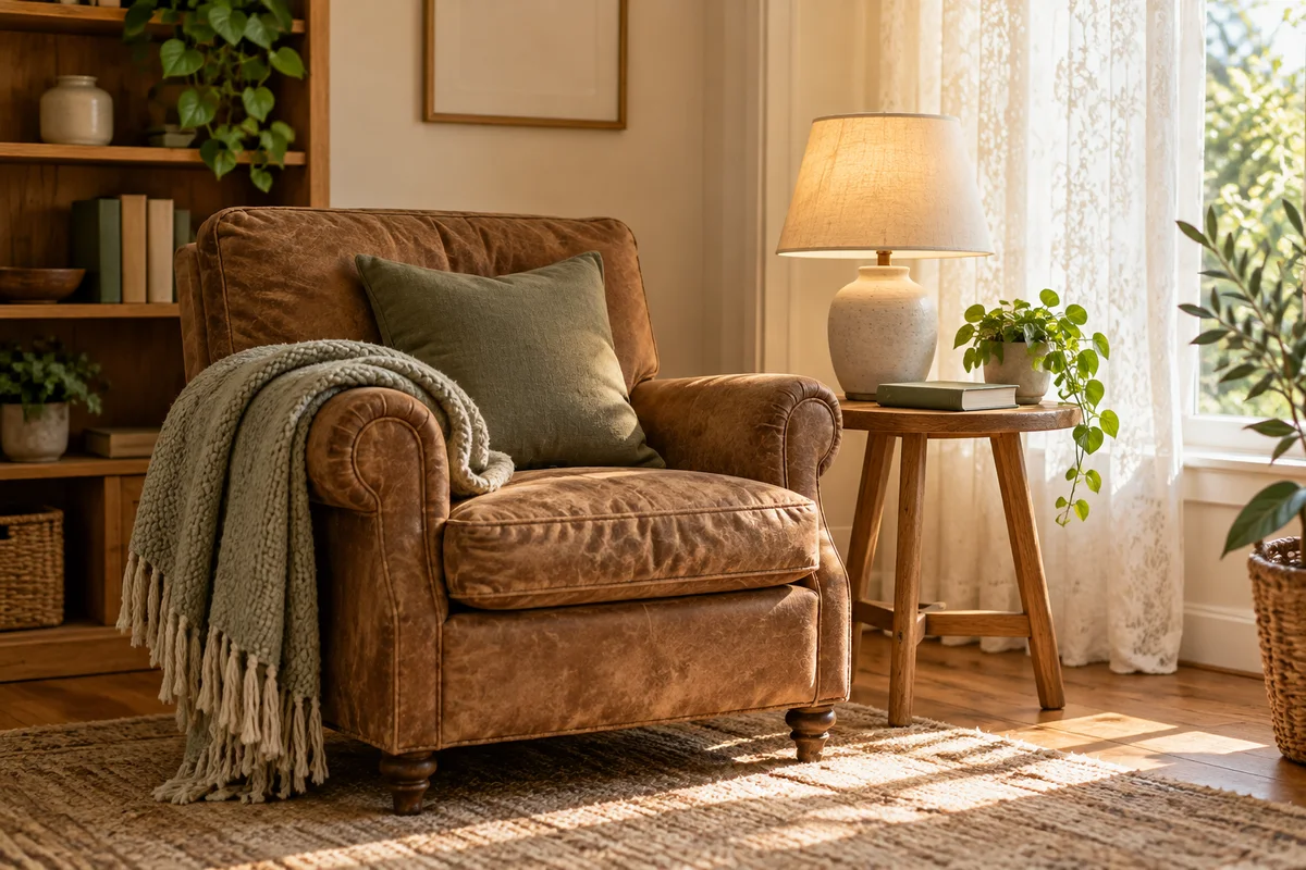 A quiet corner with an armchair, a folded throw and a reading lamp.