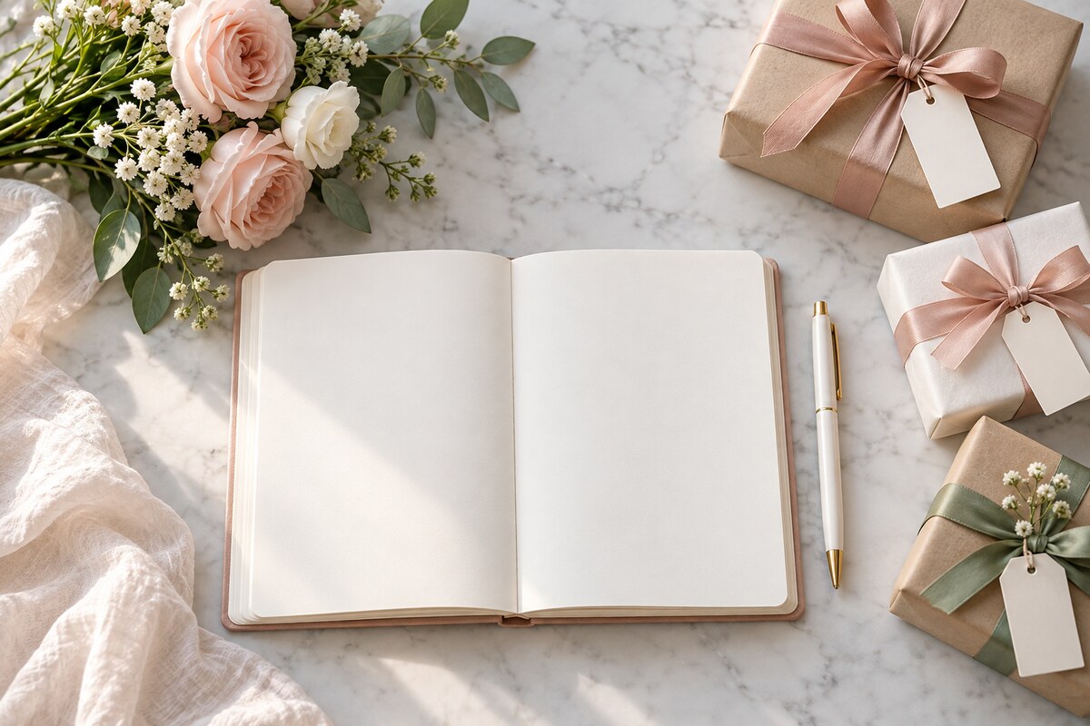 A flat lay of bridesmaid gifts beside a pen, a closed notebook and a small floral arrangement