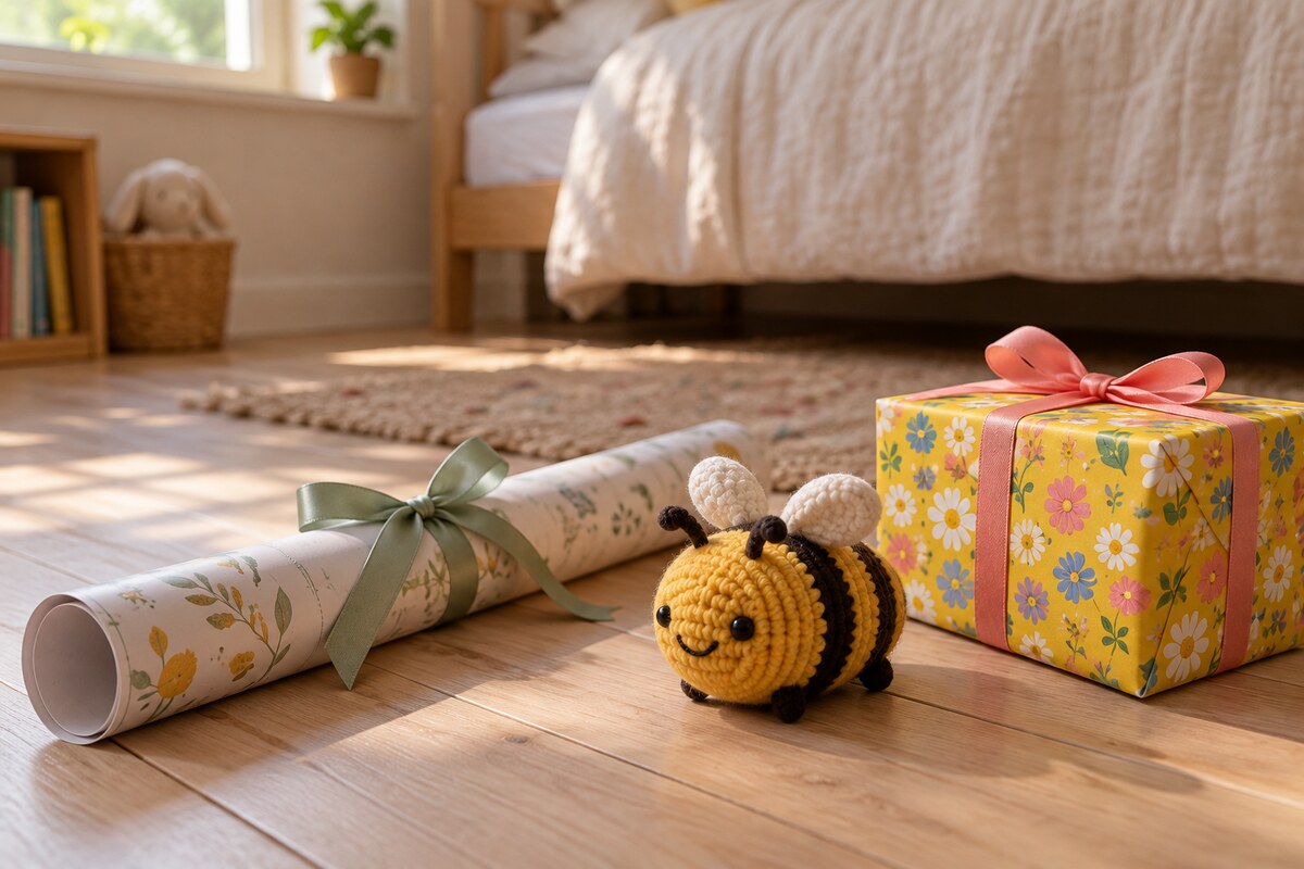 A rolled poster, a plush bee and a wrapped gift on a bedroom floor