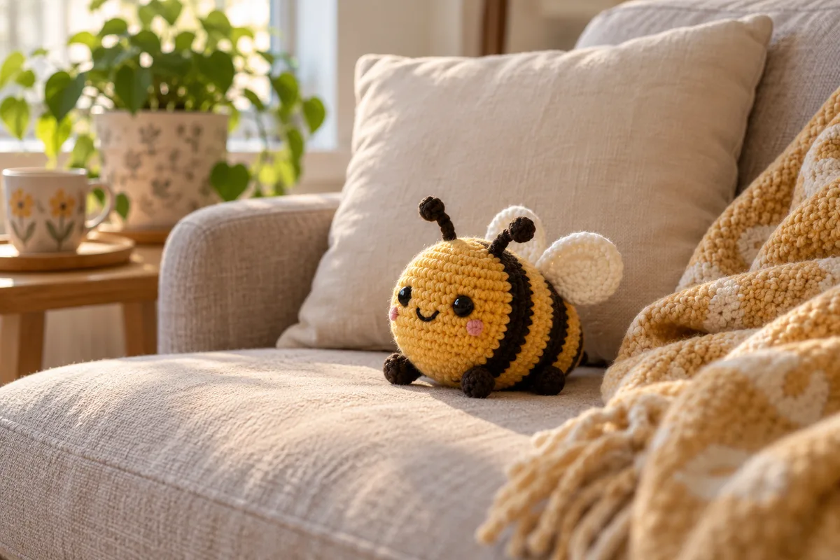 A small crocheted bee sitting on a cushion beside a folded throw
