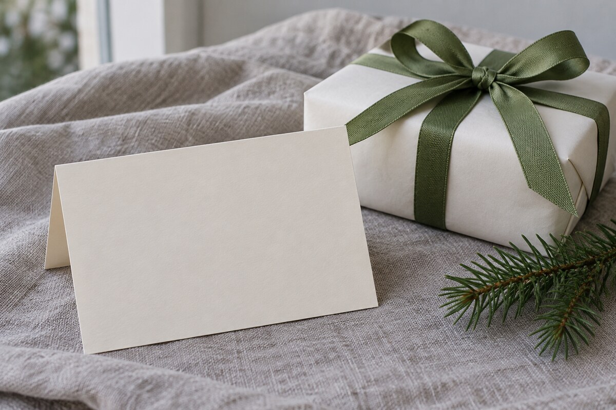 A blank folded card beside a small gift wrapped in white paper and green ribbon