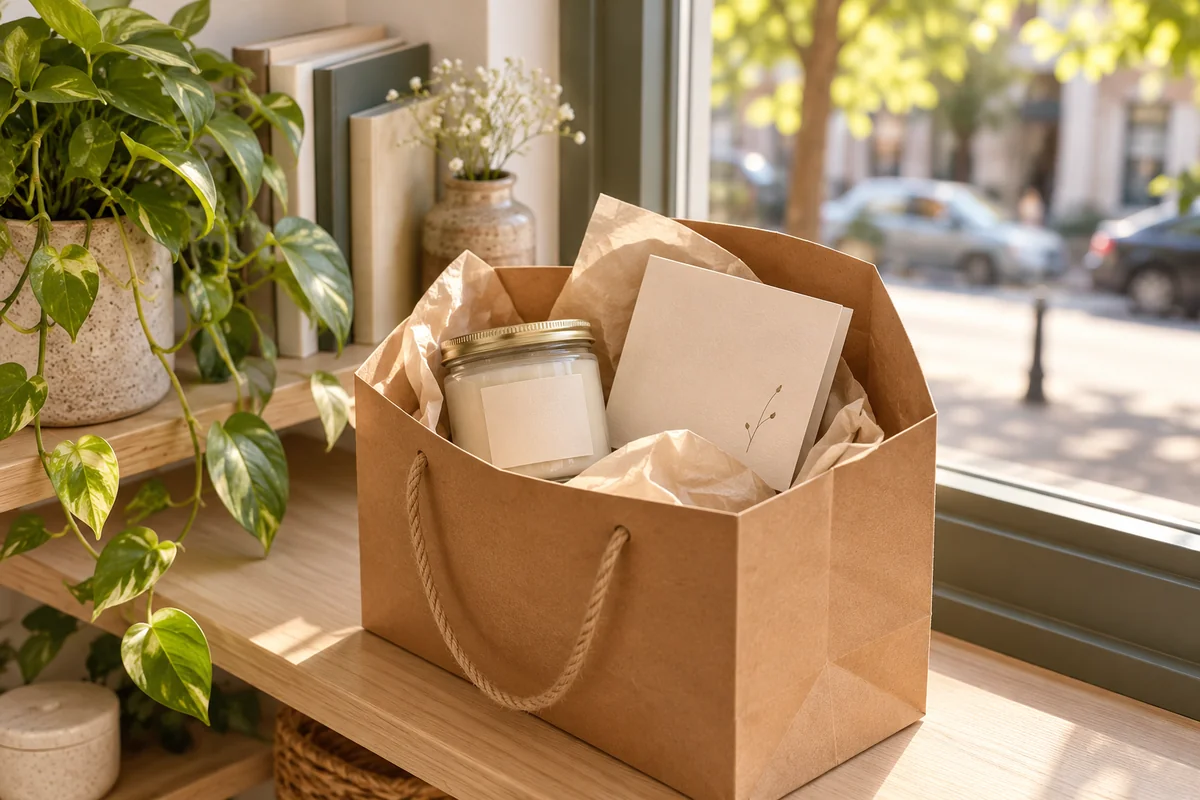 A candle jar and a blank folded card in a small gift bag set on a pale shelf by a window.