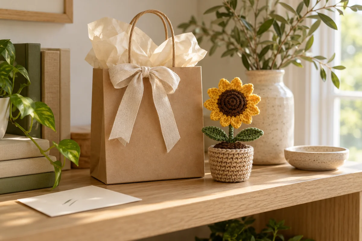 A gift bag with tissue paper and a ribbon beside a small crocheted sunflower in a pot.