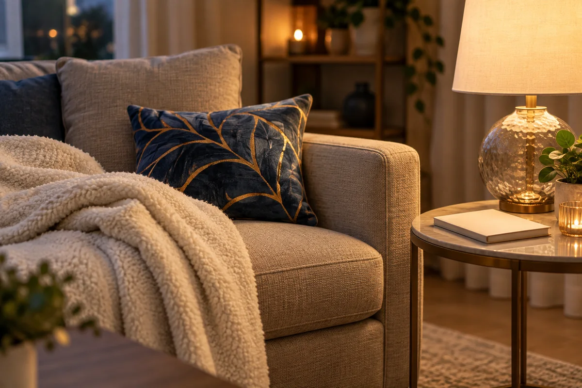 A cozy sofa corner with a pillow and a fleece blanket