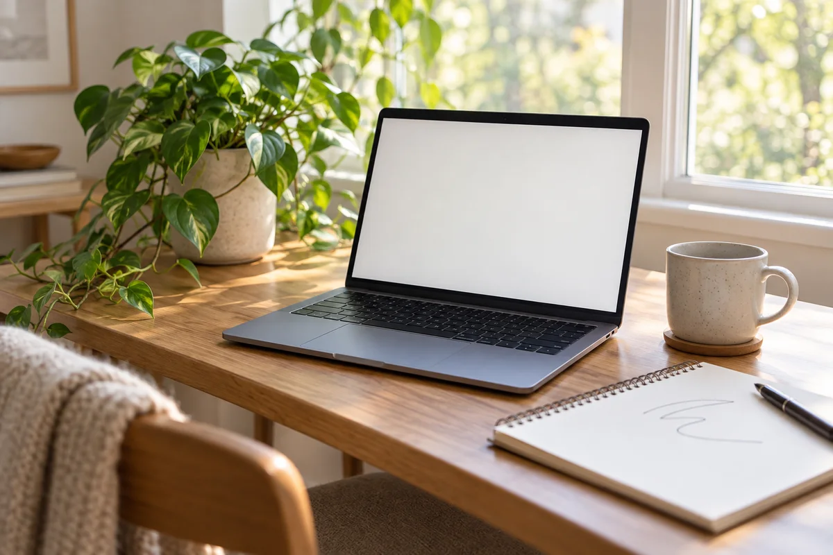 A laptop open on a home desk with a mug beside it and a small plant by the window.