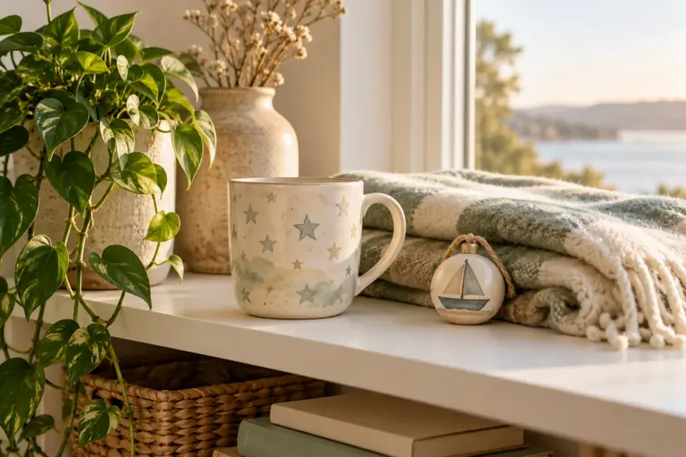 A keepsake mug, a folded fleece blanket and a small ornament on a bright shelf beside a window