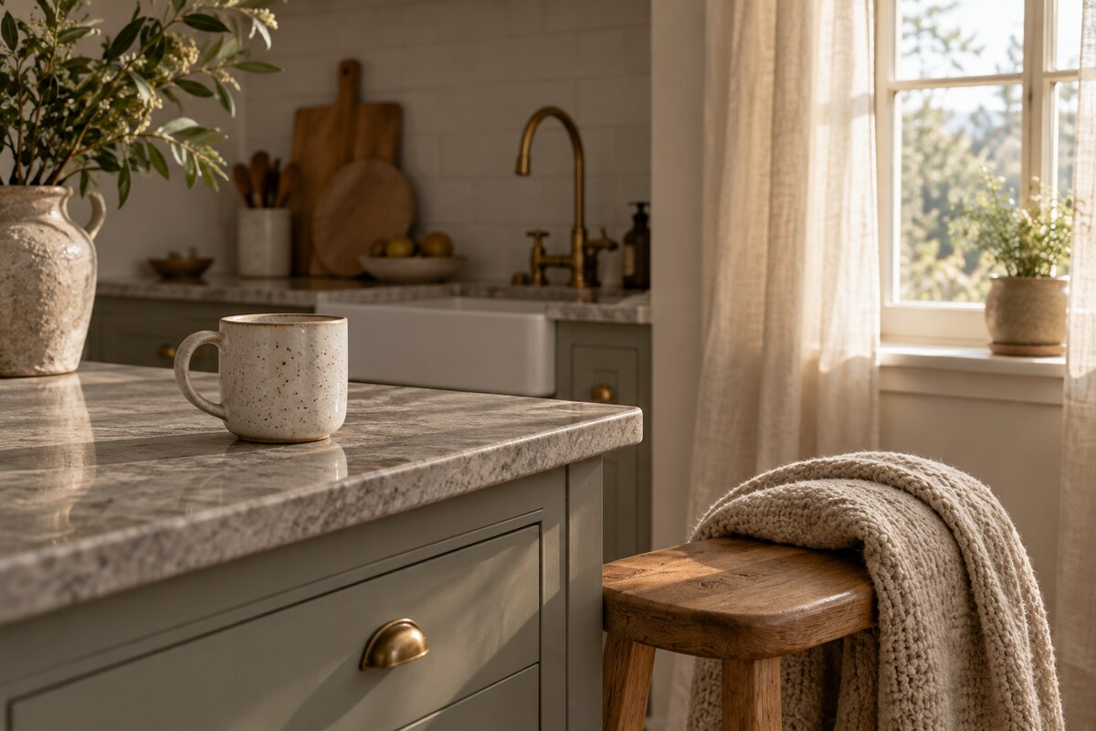 A plain mug and a folded throw on a quiet kitchen counter in morning light