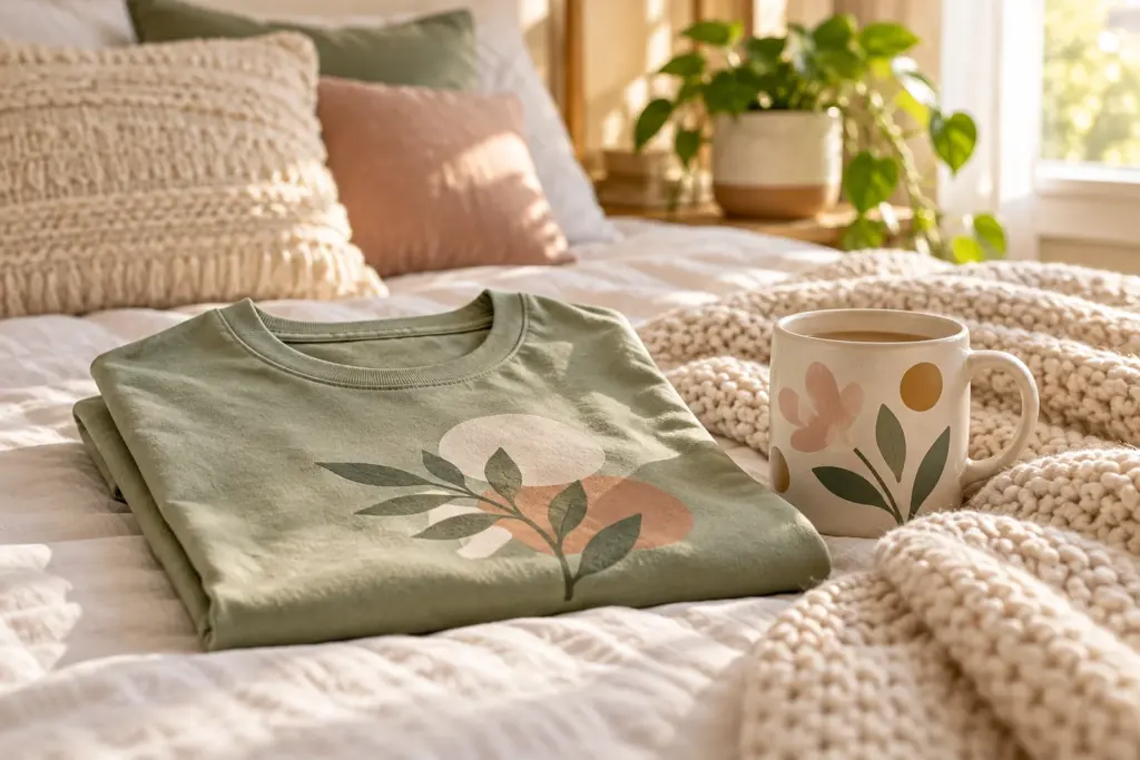 Two coordinated gifts, a folded shirt and a mug, set side by side on a bed with a blanket