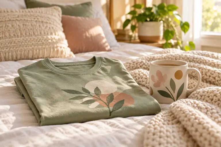 Two coordinated gifts, a folded shirt and a mug, set side by side on a bed with a blanket