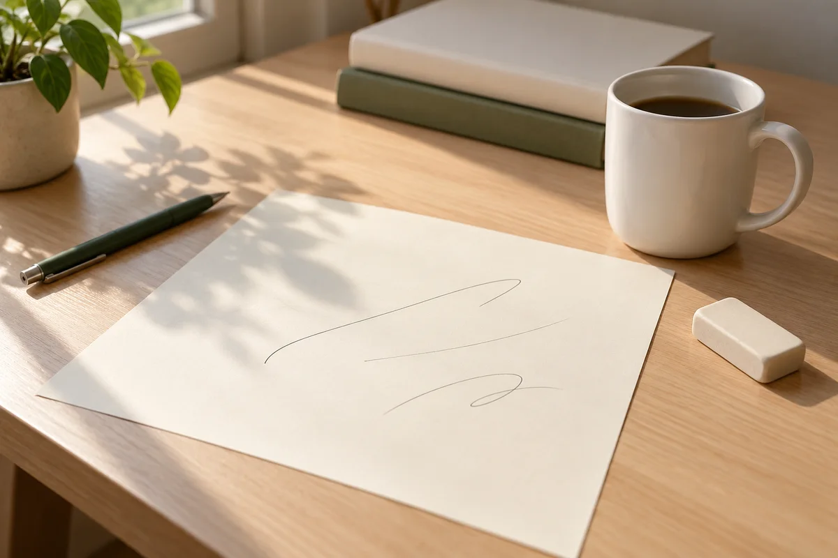A sheet of mostly blank cream paper beside a plain white mug and an eraser on a pale desk.