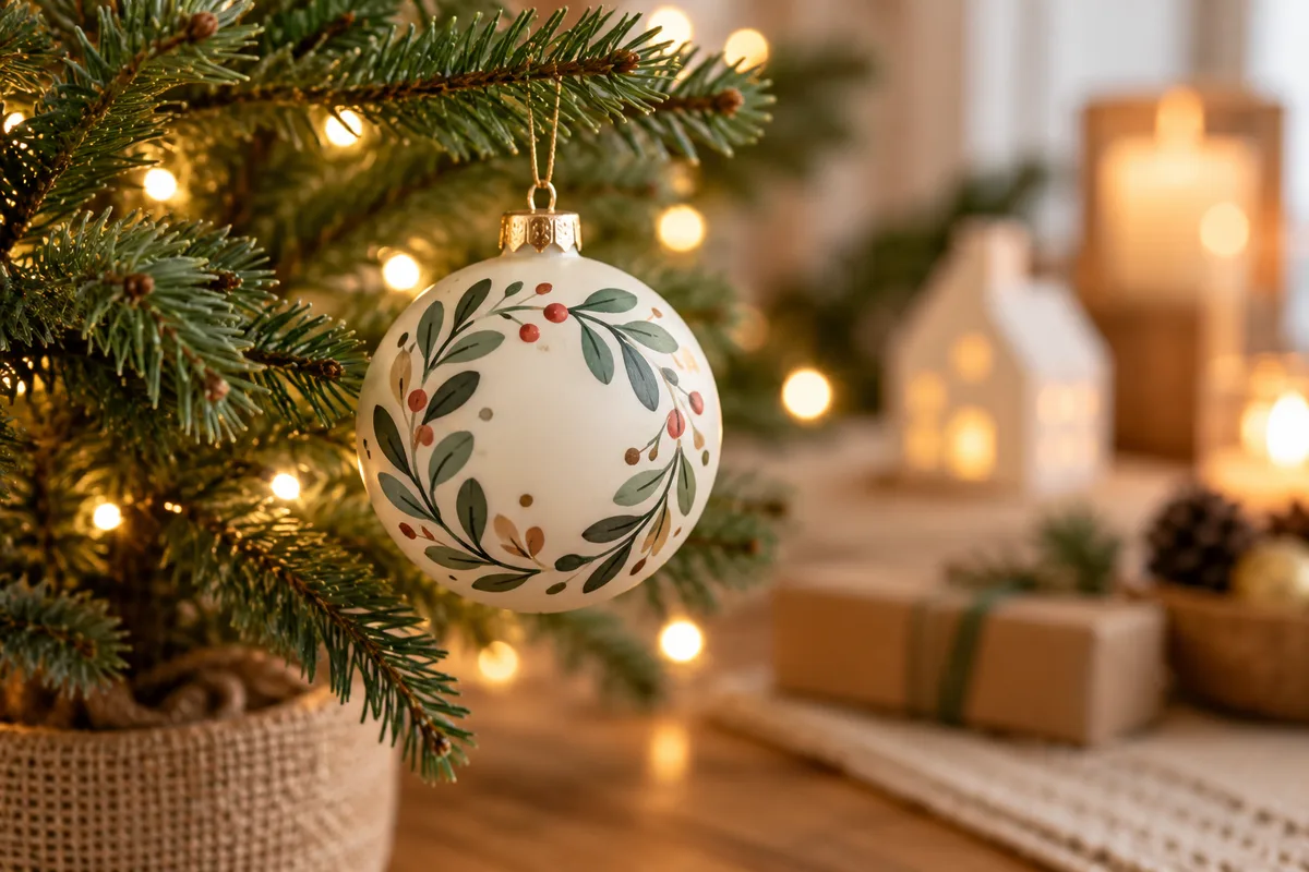 A family ornament hanging on a small tabletop tree beside a string of warm lights