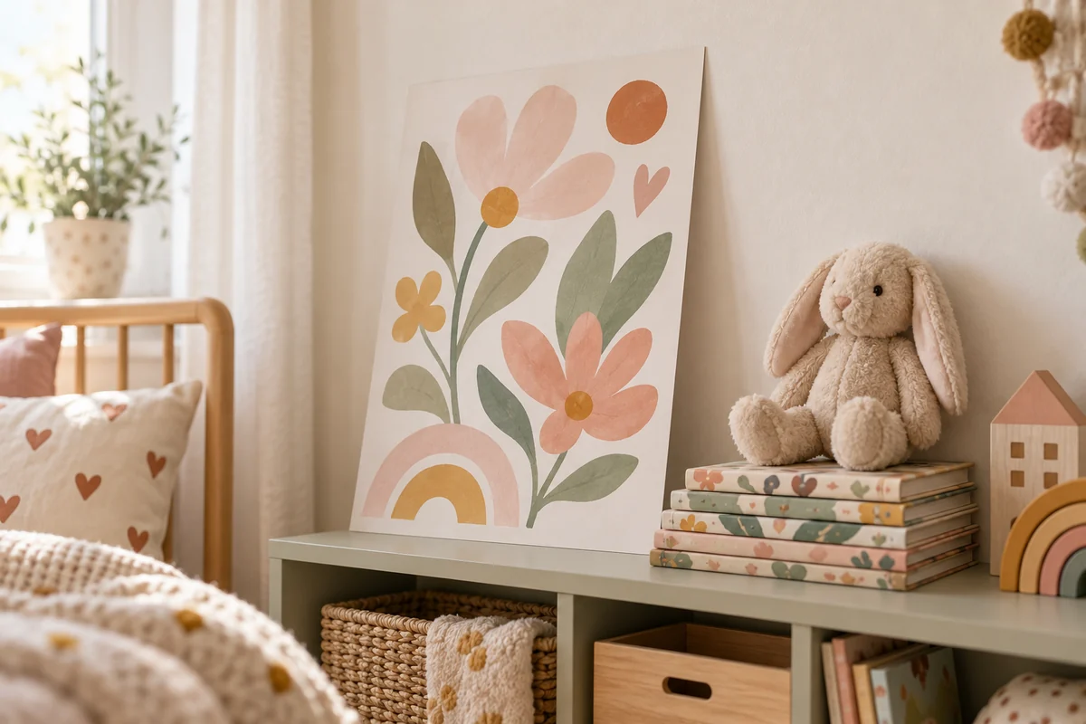 A child's room wall with a poster leaning on a low shelf beside soft toys