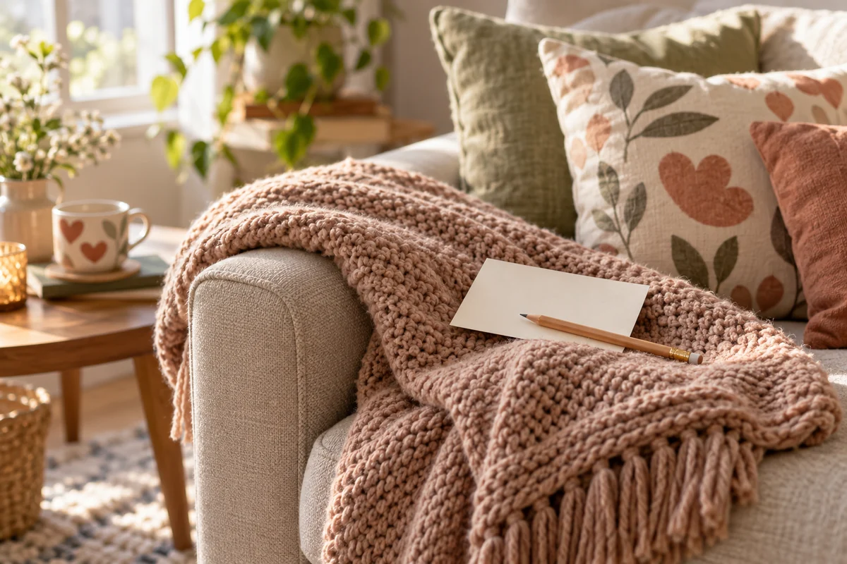 A folded knitted throw on a sofa with a small card and a pen resting on top
