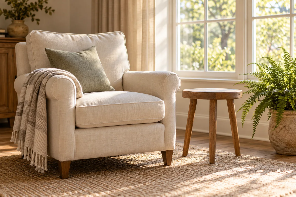 A cream armchair by a window with an empty side table and a folded throw nearby.
