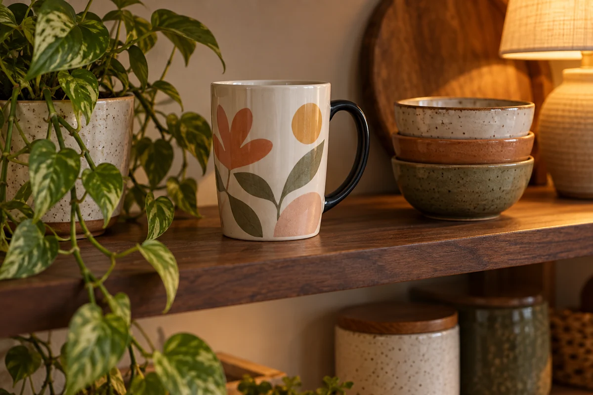 A taller mug with a black handle on a dark shelf beside a plant