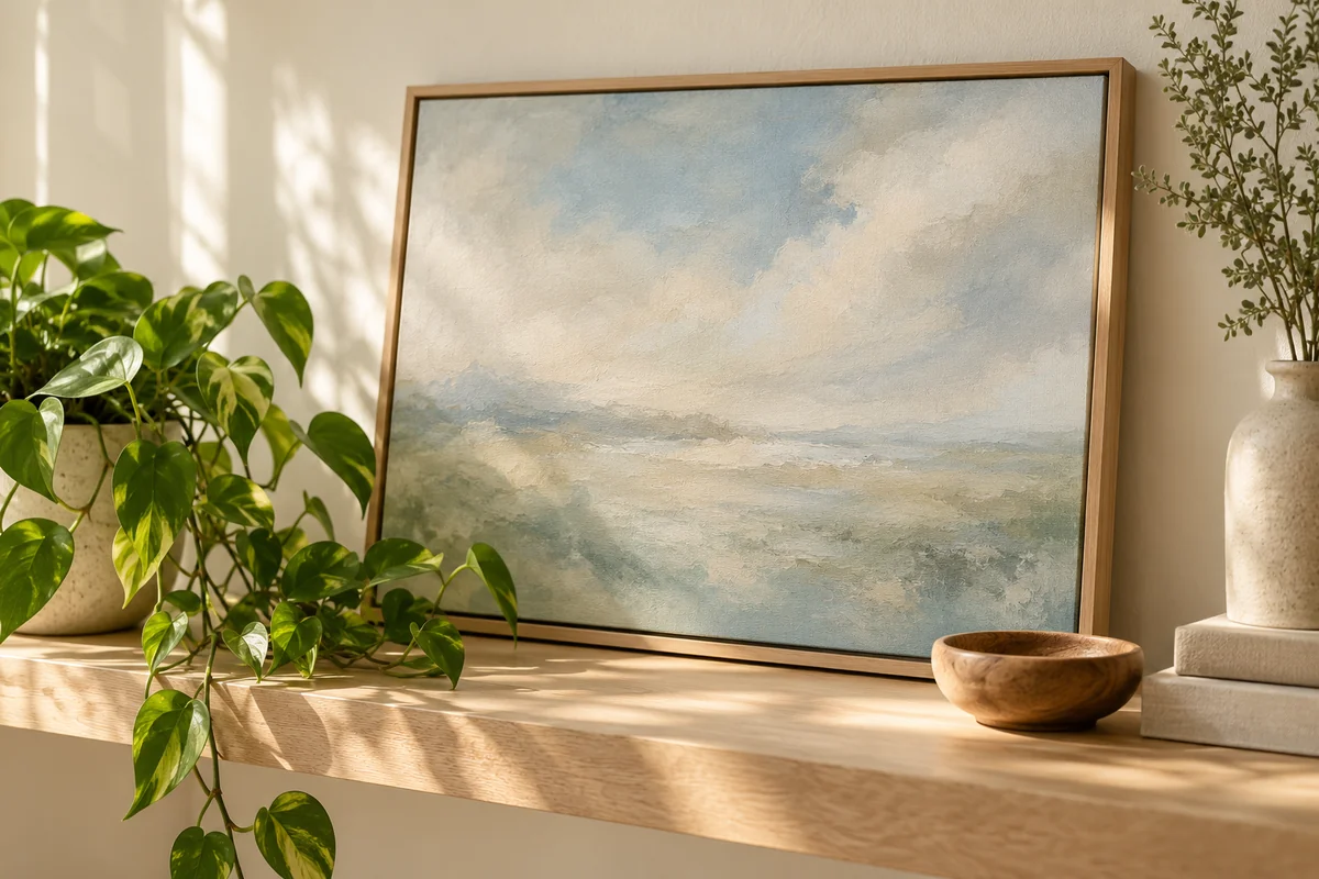 A framed abstract canvas leaning on a shelf beside a trailing plant.