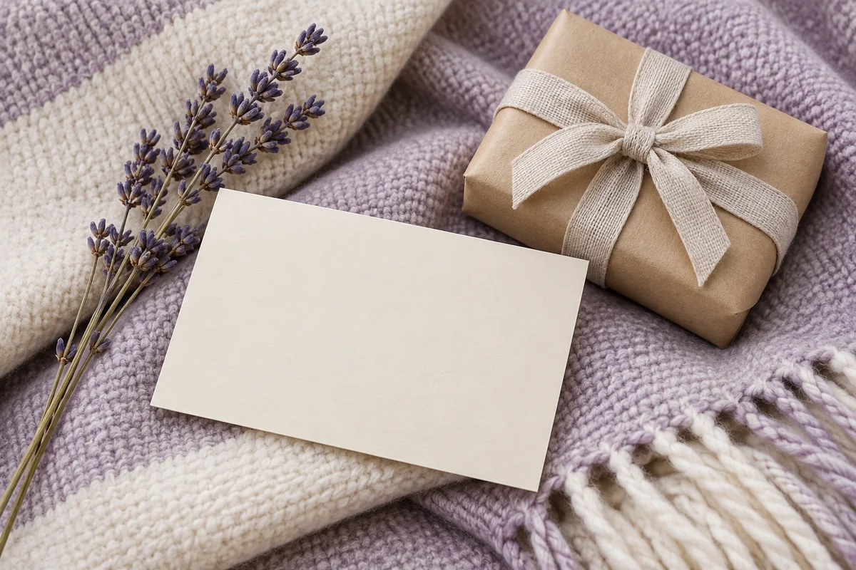 A blank card, a sprig of lavender and a small wrapped gift on a folded blanket.