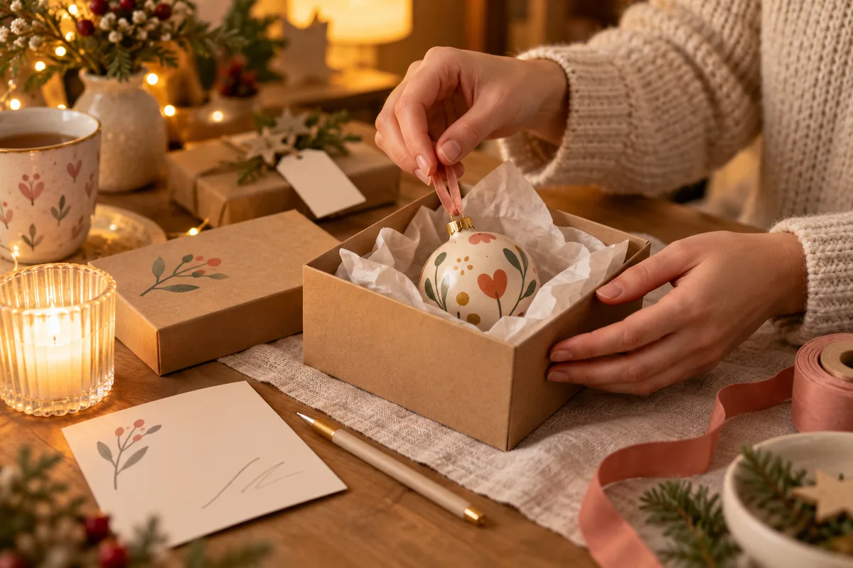 Hands placing a small round ornament into a gift box with tissue