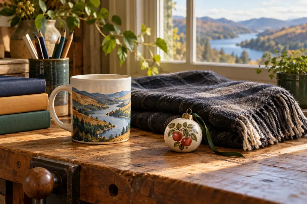 A river-themed mug, a folded blanket and a small apple ornament on a workbench by a window.
