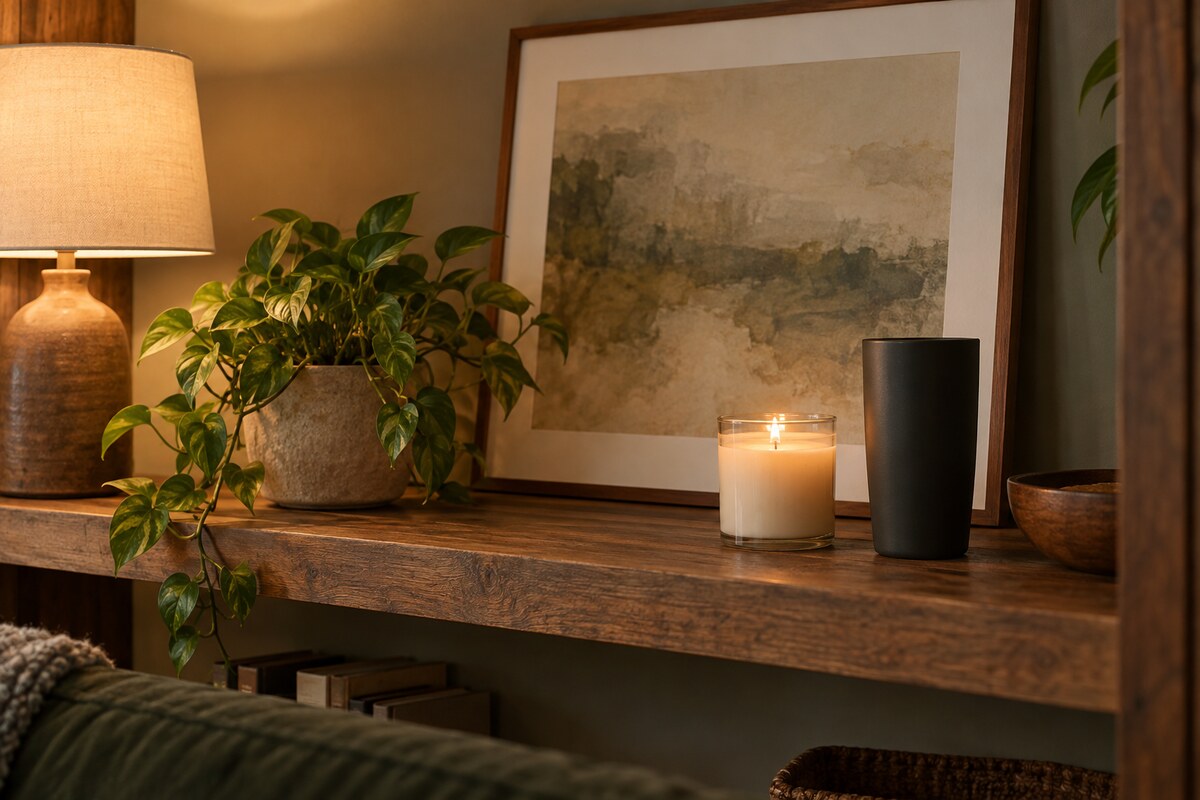 A matte tumbler and a framed print on a tidy shelf in a quiet den