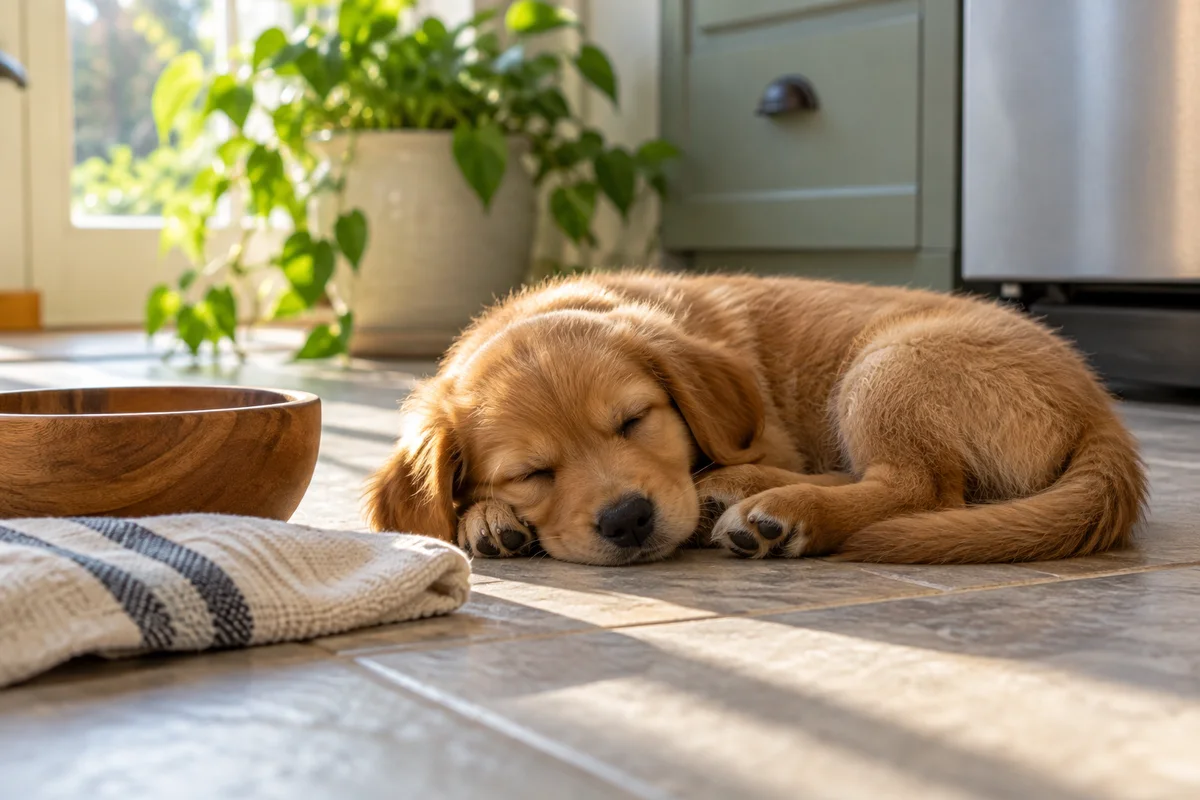A sleeping puppy beside a bowl on a kitchen floor