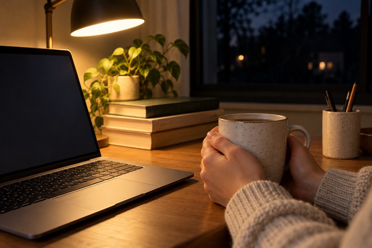 A person's hands holding a mug beside a laptop in a small study space