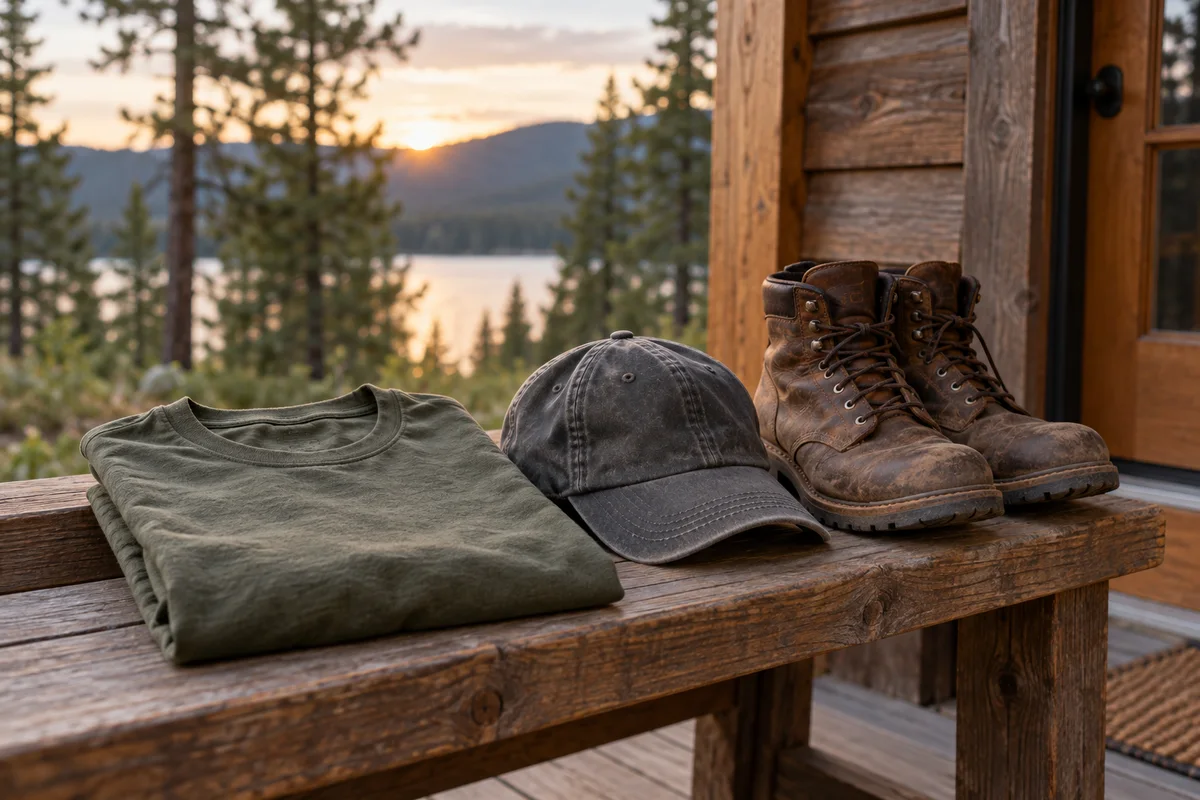 A folded t-shirt, a baseball cap and a pair of worn boots on a bench near a lakeside cabin door.