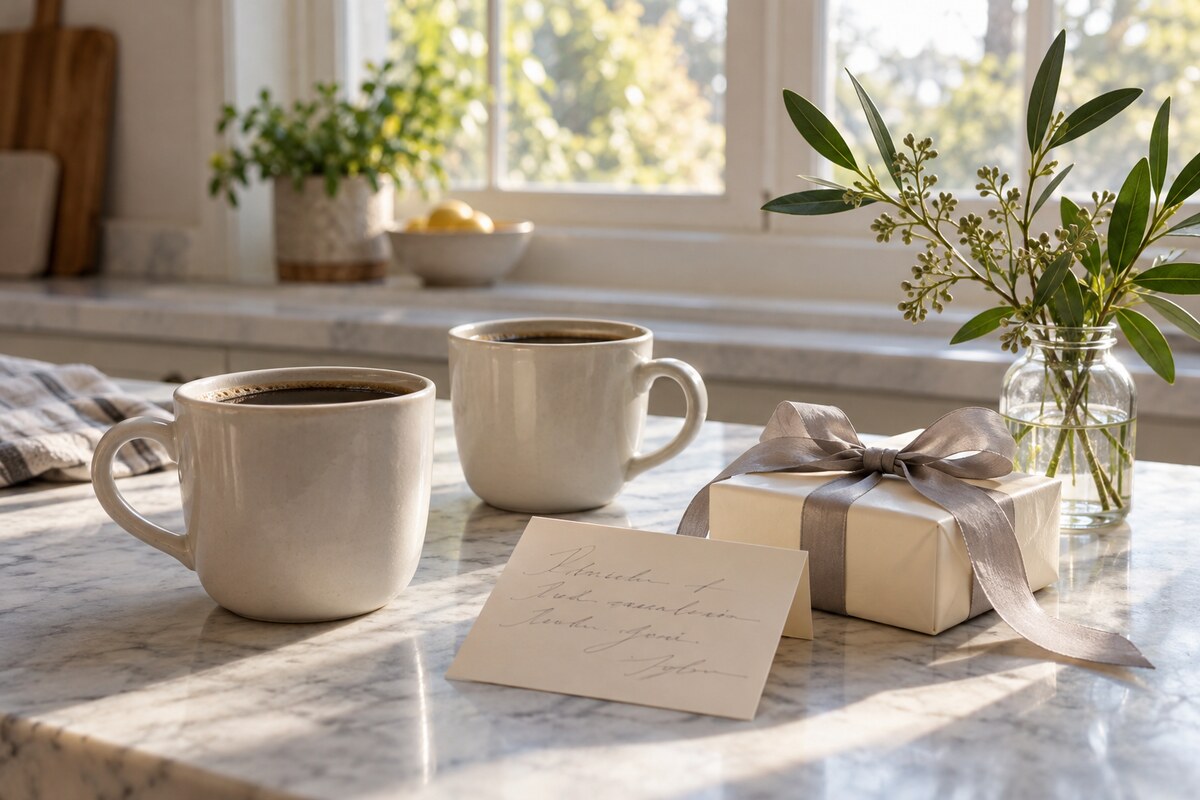 Two coffee cups, a folded card and a small wrapped gift on a kitchen table