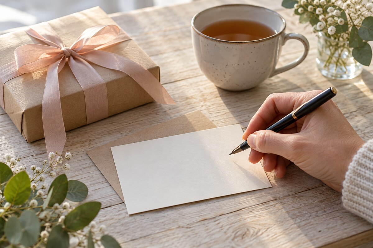 A hand holding a pen above a blank cream card beside a wrapped gift and a cup of tea