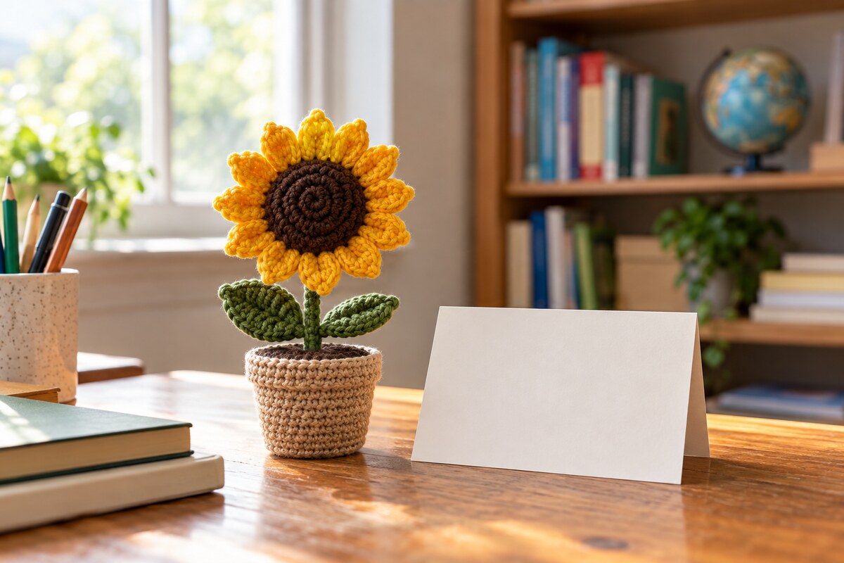 A crochet sunflower in a pot and a blank folded card on a classroom desk