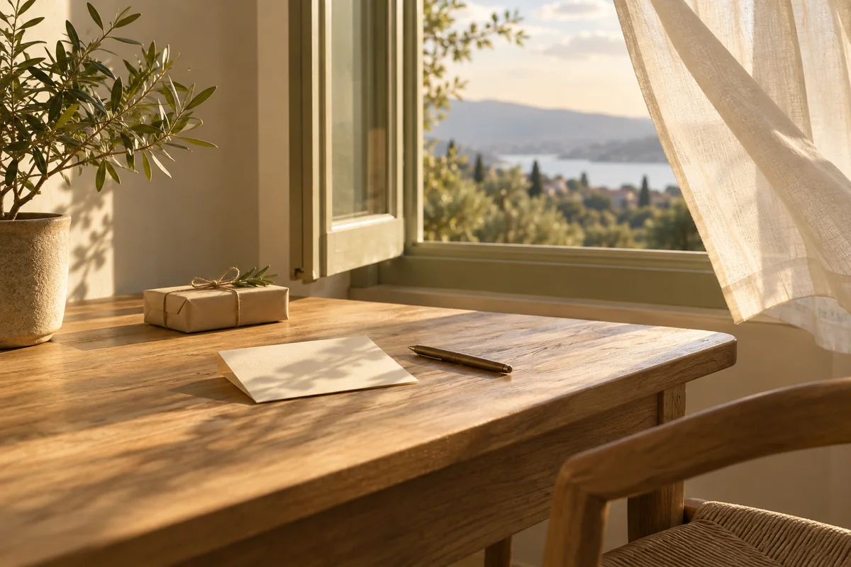 A folded note, a pen and a small box on a bare desk next to an open window.