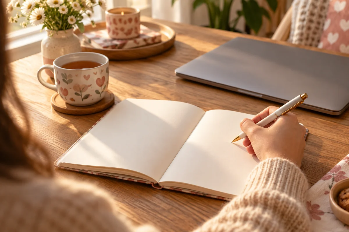 A hand holding a pen over a notebook next to a laptop