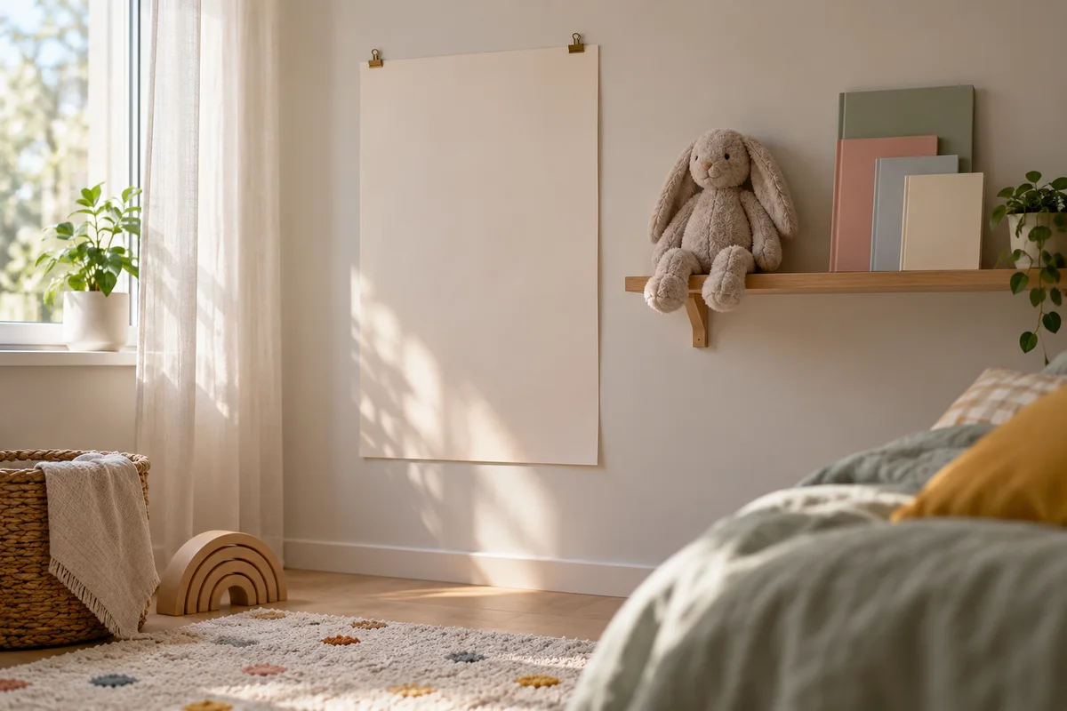 A children's room wall with an unframed poster, a small shelf and a soft toy.