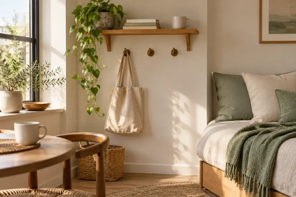 A narrow studio shelf with a plain mug, a small plant, a folded blanket and a hanging hook with a plain bag.