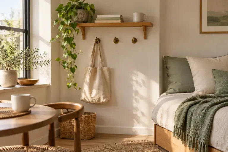 A narrow studio shelf with a plain mug, a small plant, a folded blanket and a hanging hook with a plain bag.