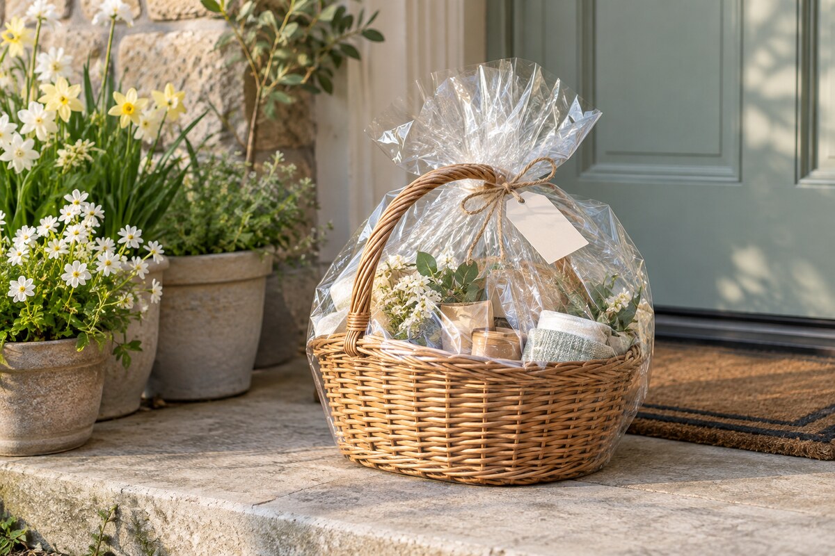 A basket on a doorstep with a small card tied to the handle and spring flowers in the background
