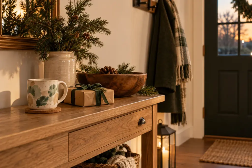 A patterned mug, a kraft gift box with green ribbon and a bowl of pine on an entryway table beside a coat hook.