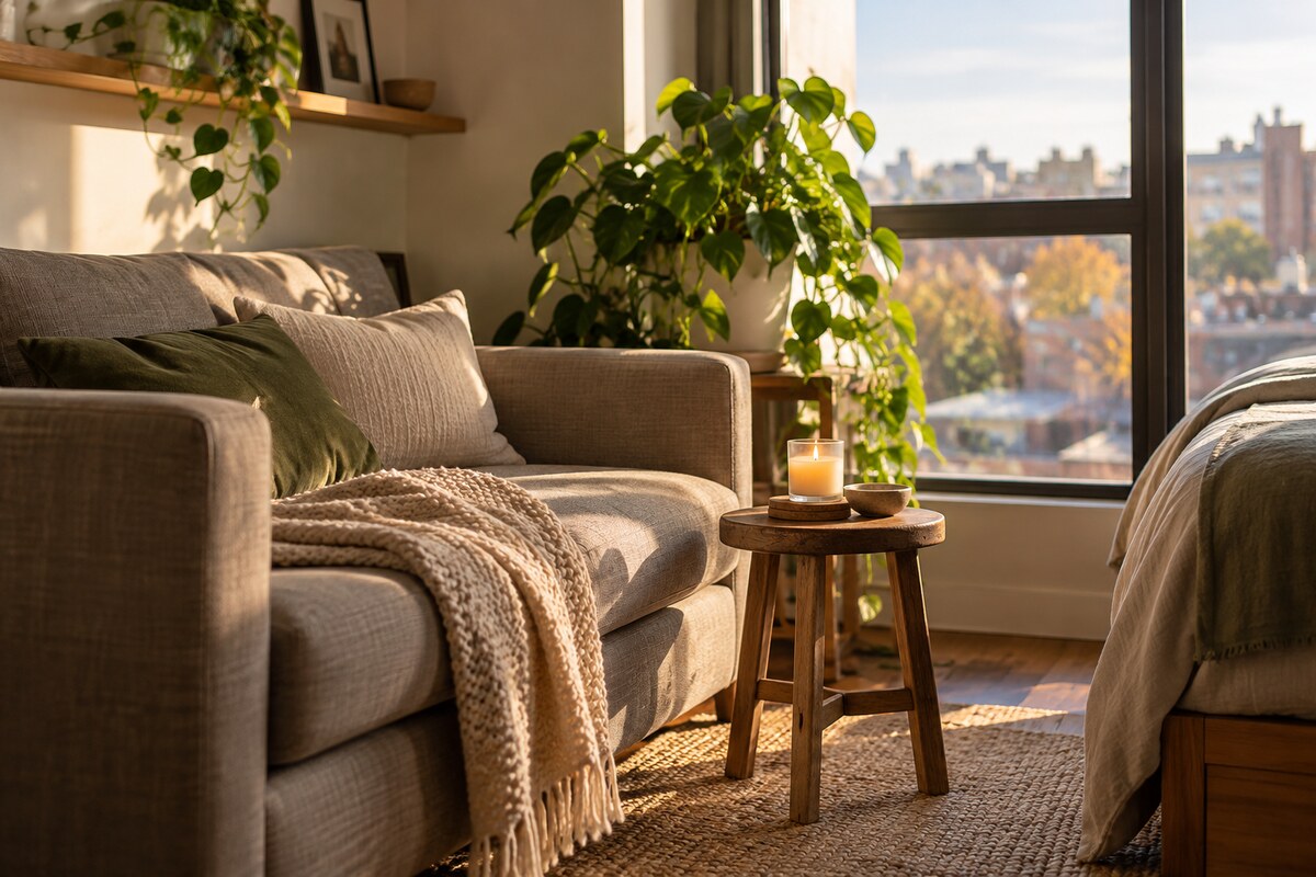 A compact studio apartment with a sofa, a throw and a lit candle in warm light