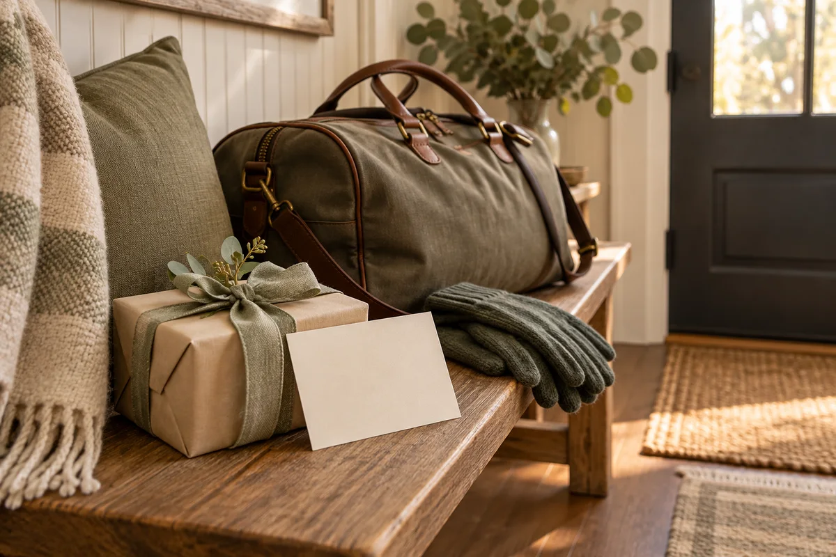 A small wrapped gift and a blank card beside a suitcase at a front door.