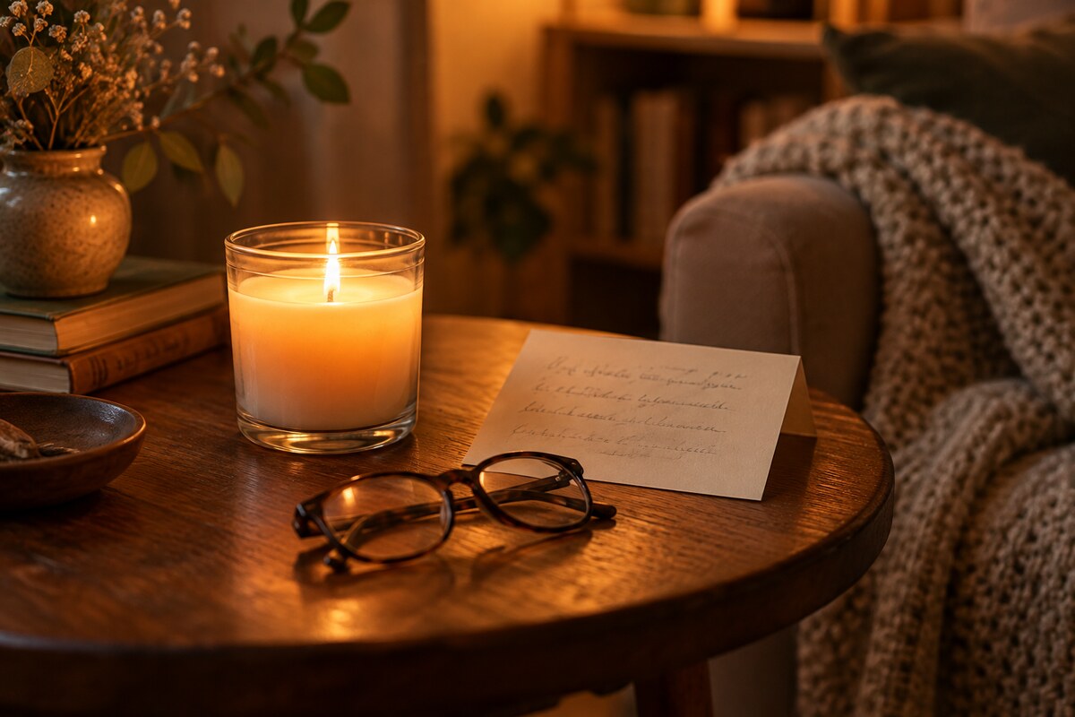 A candle burning in a plain jar on a small table beside a folded card