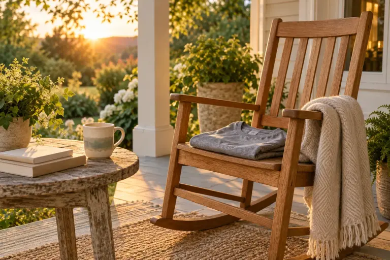 A mug and a folded tee on a porch chair beside a weathered side table at golden hour.