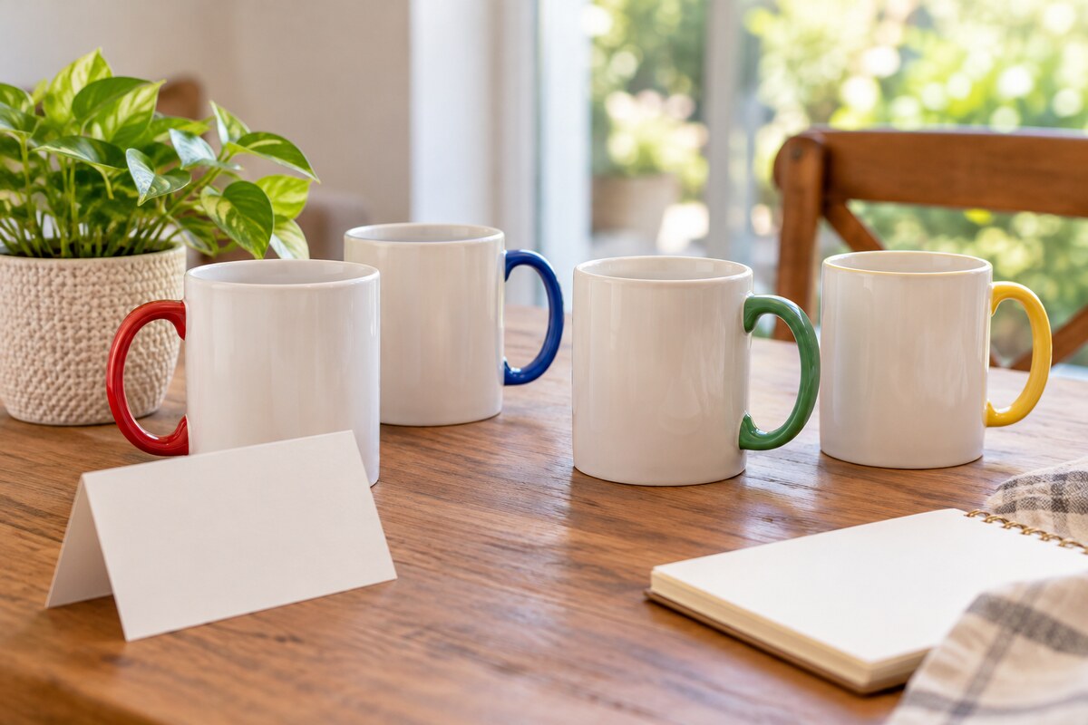 A group of mugs with different handles arranged on a table with a plant and a card