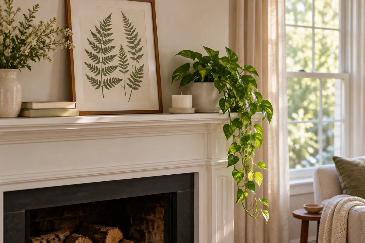 A framed botanical print leaning on a mantel beside a candle and a small plant