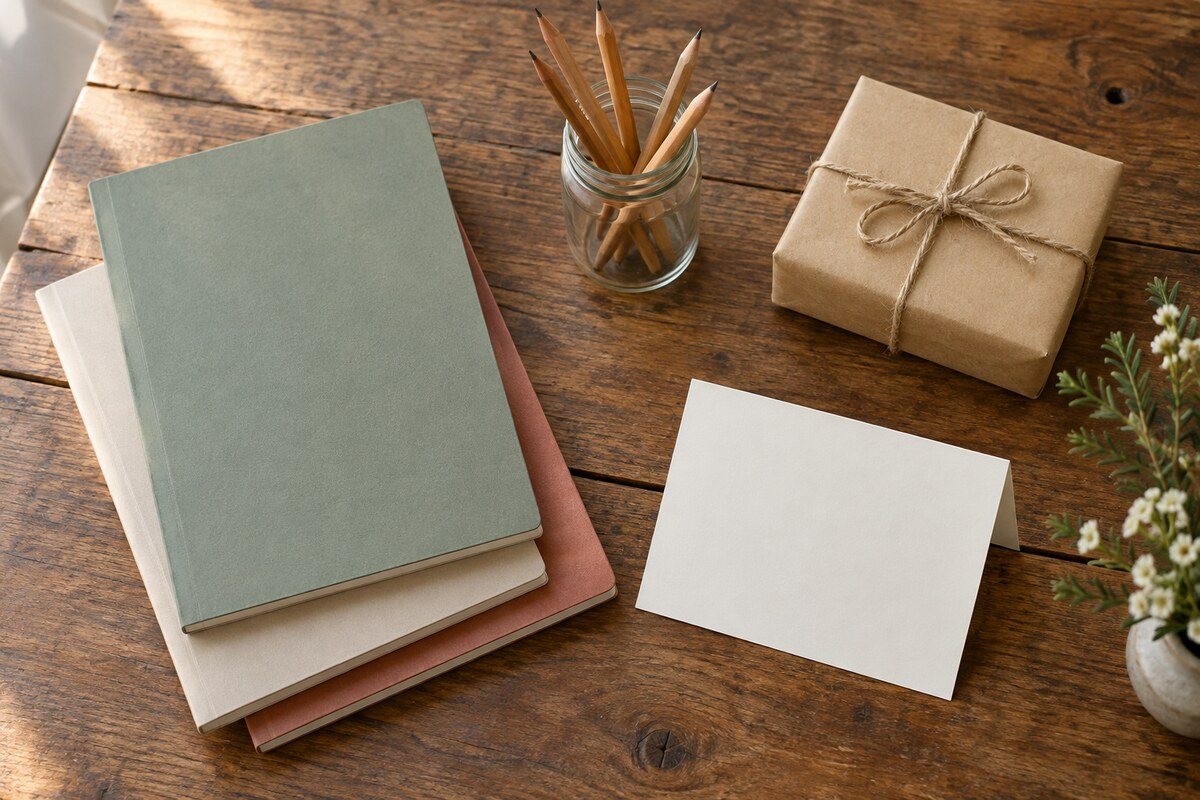 An overhead view of notebooks, a jar of pencils, a kraft-wrapped gift and a blank card on a table.