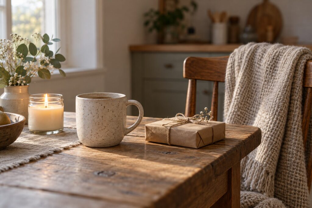 A plain mug, a candle and a folded throw on a quiet kitchen table in morning light.